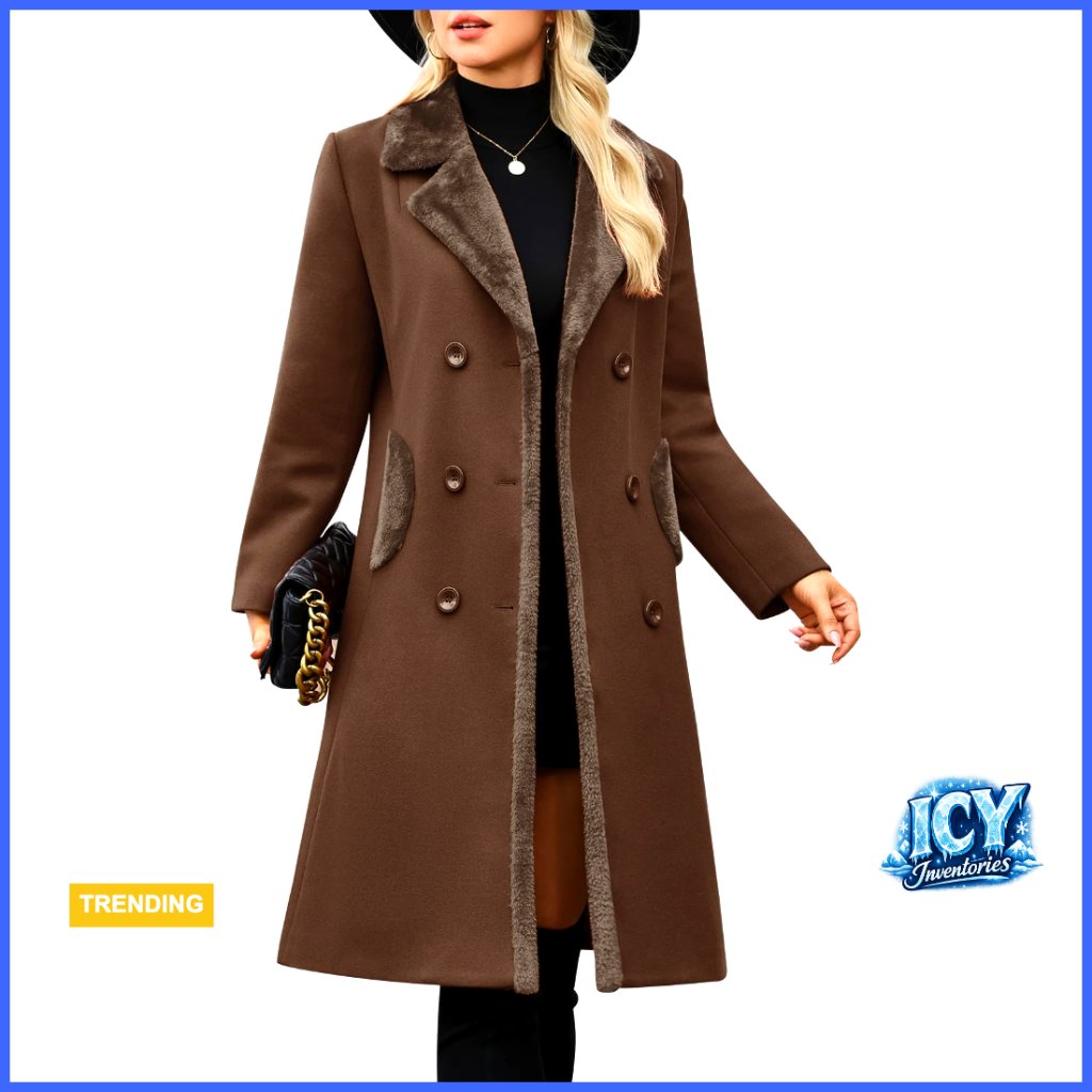 Women's Winter Pea Coat Double Breasted Lapel Collar Slim Fit Long Trench